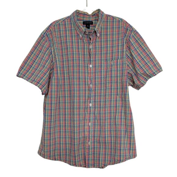 Lands End Seersucker Plaid Shirt Mens Size XL Colorful Short Sleeve Button Down - Picture 1 of 10
